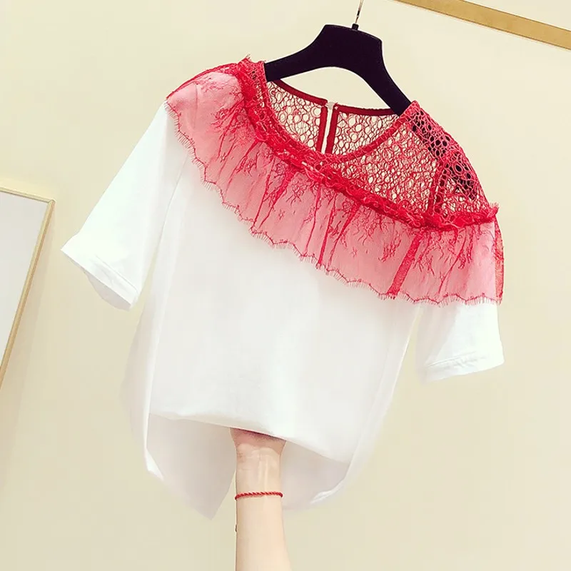 

Summer T Women New Korean Style Lace Hollow Lotus Edge Stitching Round Neck Short Sleeve Shirt Women's Leisure Top Blouse