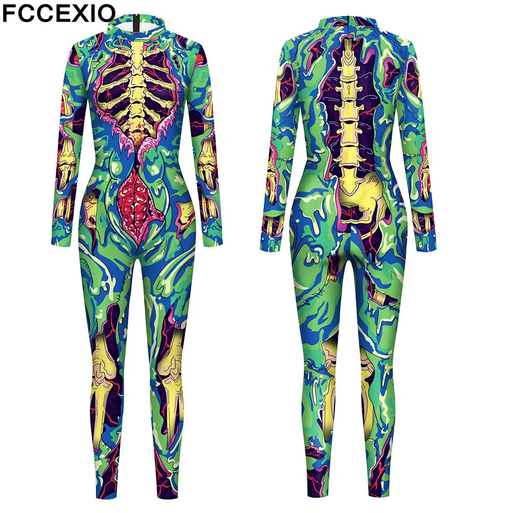 

FCCEXIO Adult Cosplay Costumes Halloween Skull 3D Print Bodysuits Women Sexy Slim Elastic Jumpsuit Long Sleeve Catsuit