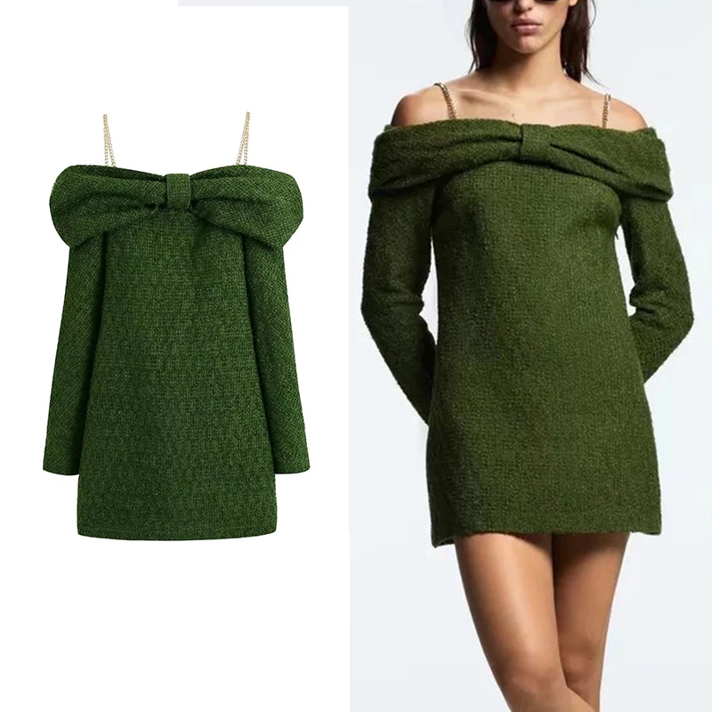 

ZA Spring Autumn Women Mini Solid Camis Dress 2021 Chain Slash Neck Full Sleeve Elegant Party Dress Bow Fashion A-line Outfits