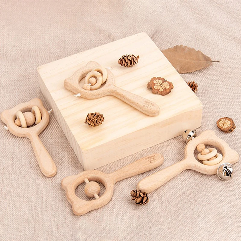Wooden Rattle Beech Bear Hand Teething Ring Baby Rattles Play Stroller Home Toy