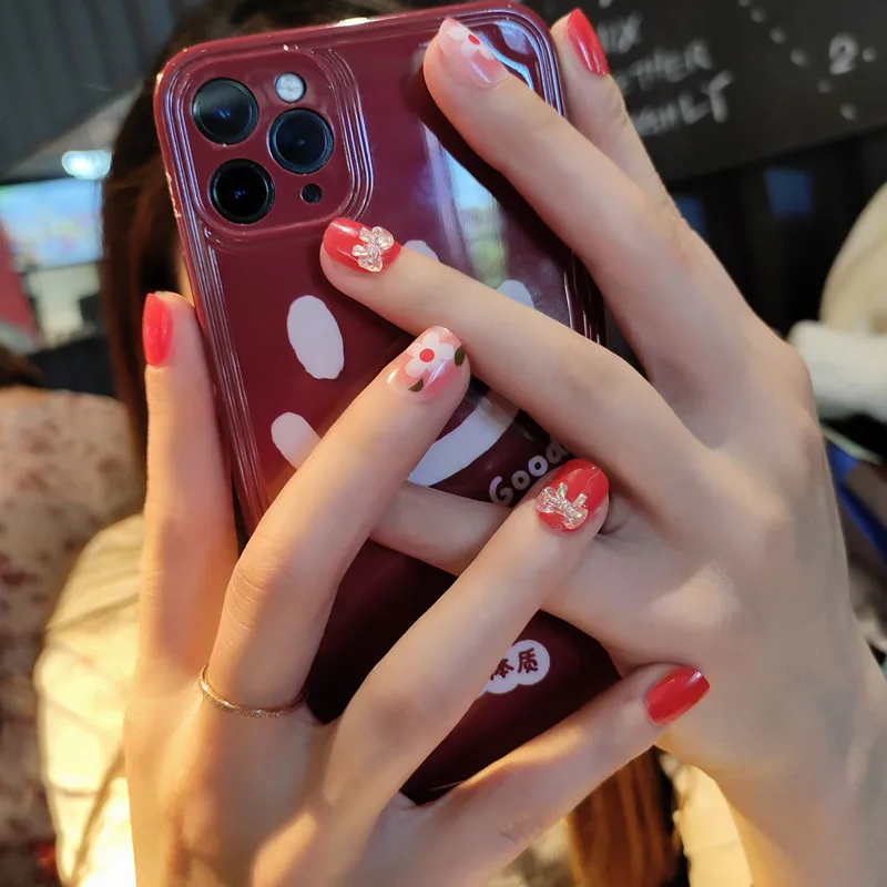 

24pcs Flower Printed Nails Patch with Bow Glue Type Short Paragraph Fashion Removable Manicure False Nails Patch CIN6 899