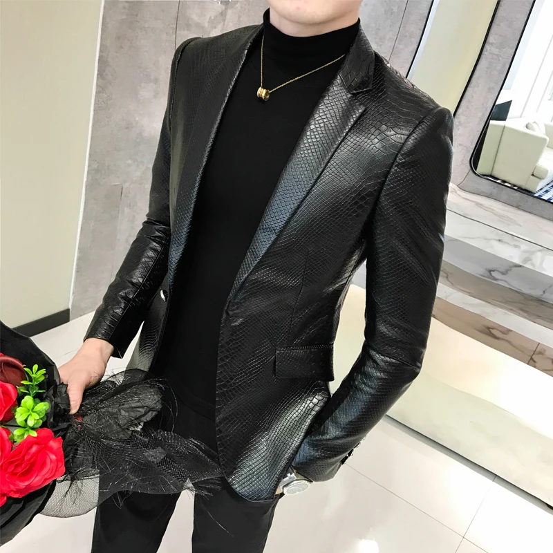 

Single Buckle PU Suit Jackets For Men Fashion Boutique Men Slim Fit Retro Suit Jackets Black Men's Banquet Party Club Blazers 4X