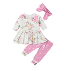 Комплект осенней одежды из 3 предметов для новорожденных девочек, платье с цветочным рисунком, топы, штаны, леггинсы, повязка на голову, спортивный костюм для детей от 0 до 24 месяцев