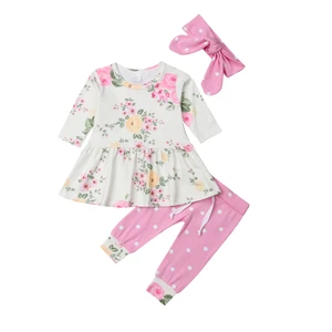 Комплект осенней одежды из 3 предметов для новорожденных девочек, платье с цветочным рисунком, топы, штаны, леггинсы, повязка на голову, спортивный костюм для детей от 0 до 24 месяцев