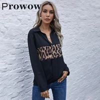 prowow patchwork pullover blouse women spring autumn fashion patchwork leopard shirt casual loose turn down collar women clothes