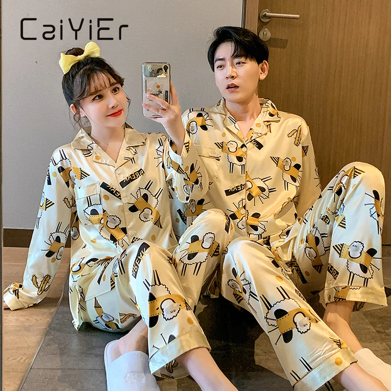 CAIYIER Autumn Winter Cute Print Silk Pajama Set Loose Men And Women Nightwear Long Sleeve Long Pants Sleepwear Loungewear M-3XL