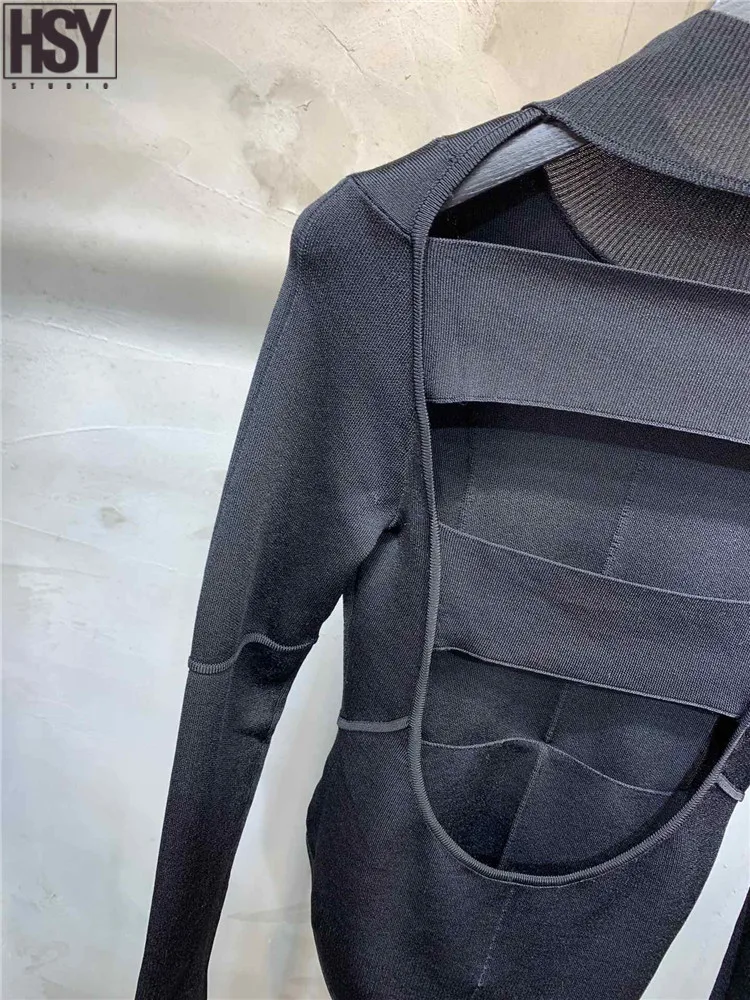【HSY】2019 Осень Зима Новый женский длинный рукав круглый вырез черный сексуальный