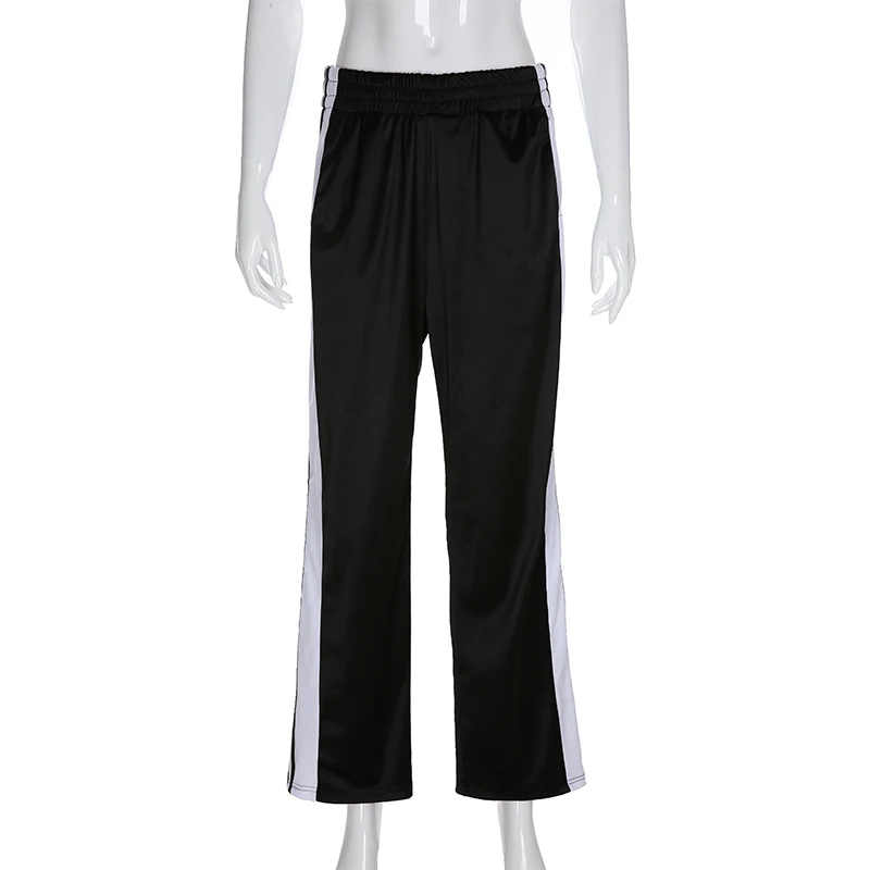 Rapwriter Streetwear Panelled Side Striped Button Straight Pant Women Stretch High Waist Trousers Long Pant Capris Pocket