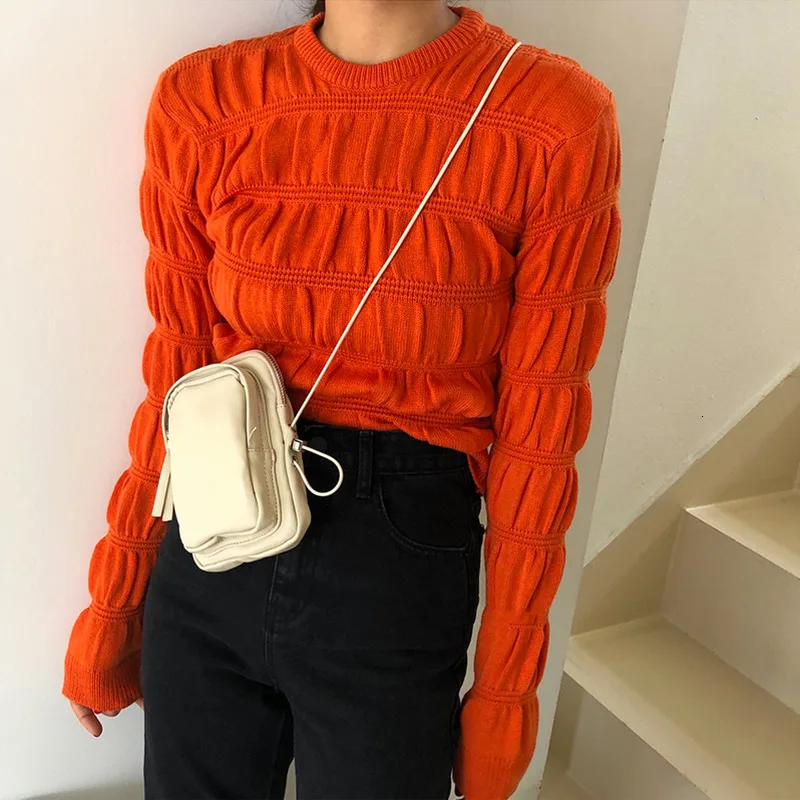 GALCAUR Vintage Ruched Knitted Sweater Female O Neck Long Sleeve Oversize Slim Pullover Womens Sweaters Clothes 2020 Fashion New | Женская