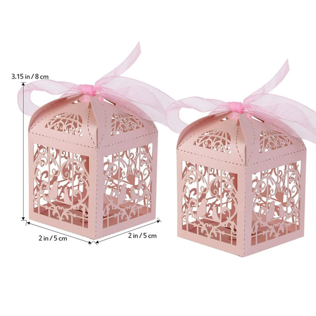 

50pcs Hollow Bird Style Wedding Favor Candy Boxes Gift Boxes With Ribbons For Other Celebrations Or Collections