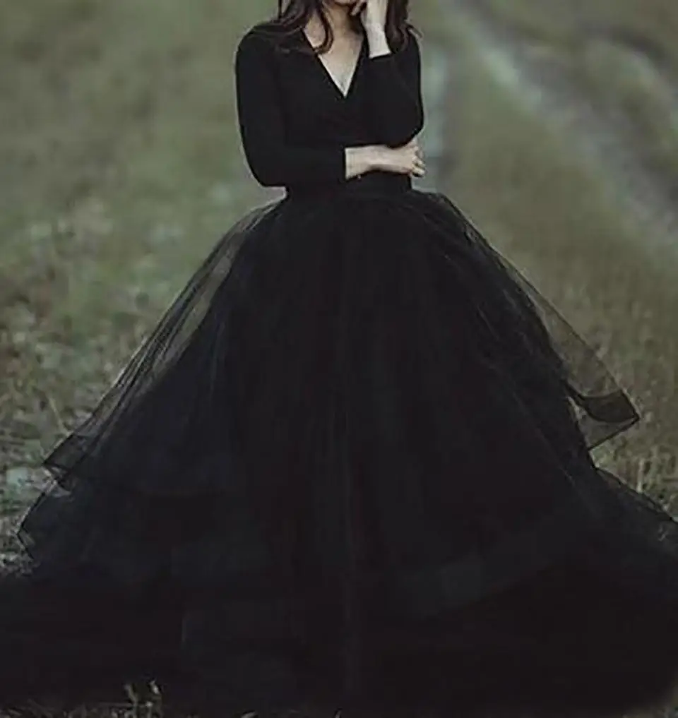 Новое черное бальное платье Готические свадебные платья с длинным рукавом и v