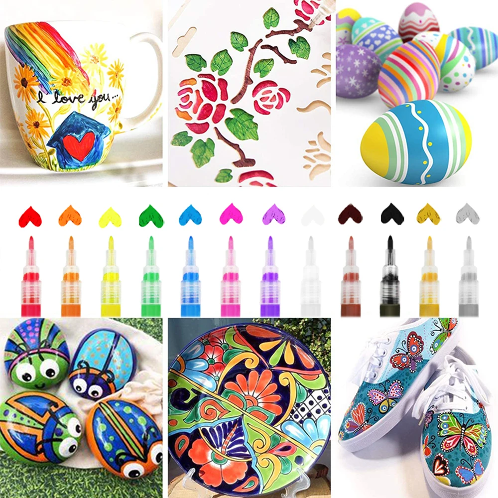 

12 Colors Acrylic Paint Markers Set Water-Based Art Marker Pen 0.7-2mm Fine Tip for DIY Craft Canvas Ceramic Glass Wood Stone