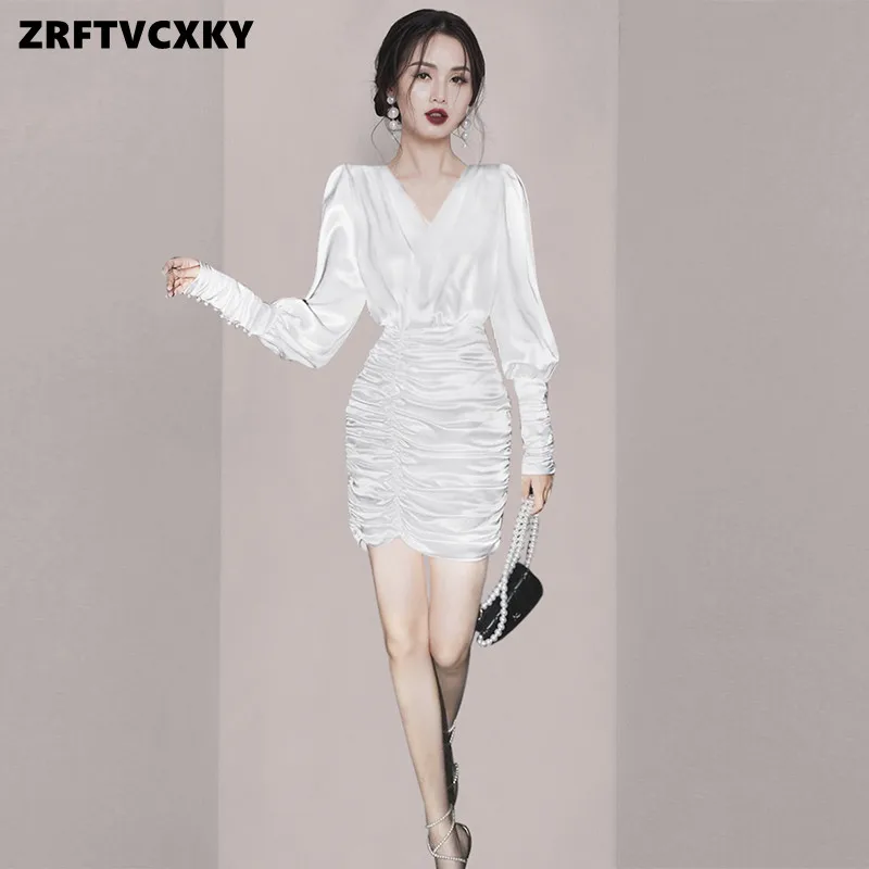 

Chic Sexy Slim V-collar Office Designer Dress New Women Spring Elegant Long Sleeve Pleated Sheath Dresses Ladies Vestidos