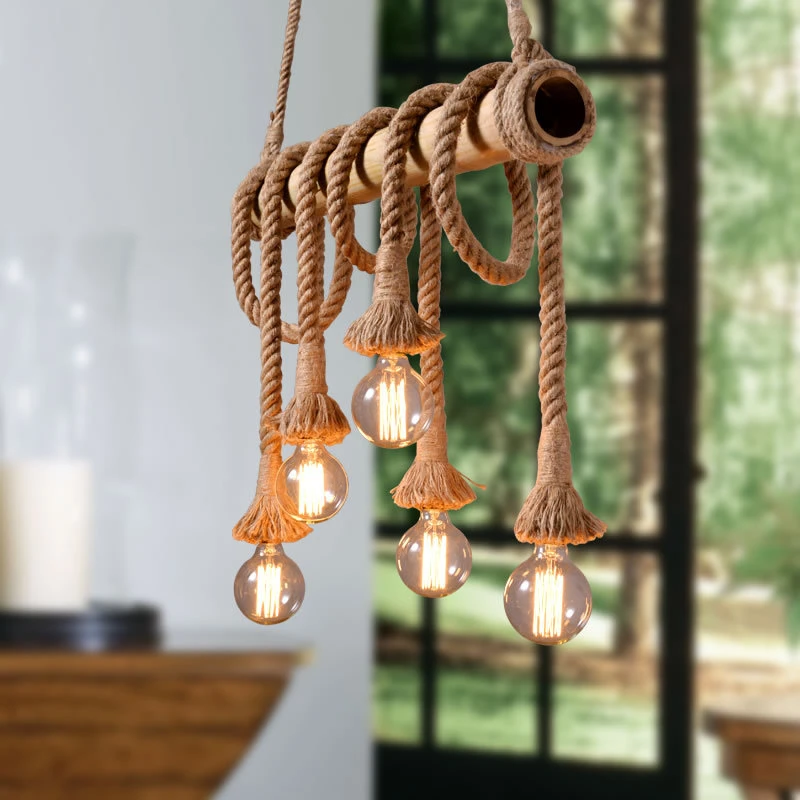Vintage Hemp Rope Chandelier Lighting 3-8 Heads Retro Bamboo Tube Kitchen Hanging Lamps Restaurant Living Room Clothing Store | Лампы и