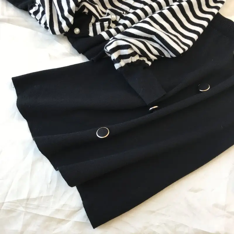 Neploe, маленький аромат, Chandal Mujer, винтажный, для взрослых, полосатый, вязаный, Женский комплект, Осень-зима, короткий кардиган+ широкие штаны, 46470