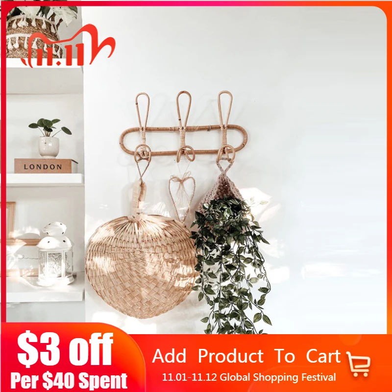 

Rattan Wall Hooks Kids Garments Organizer Rack Clothes Hat Hanging Hook Rattan Hanger Kids Room Decor Hanger