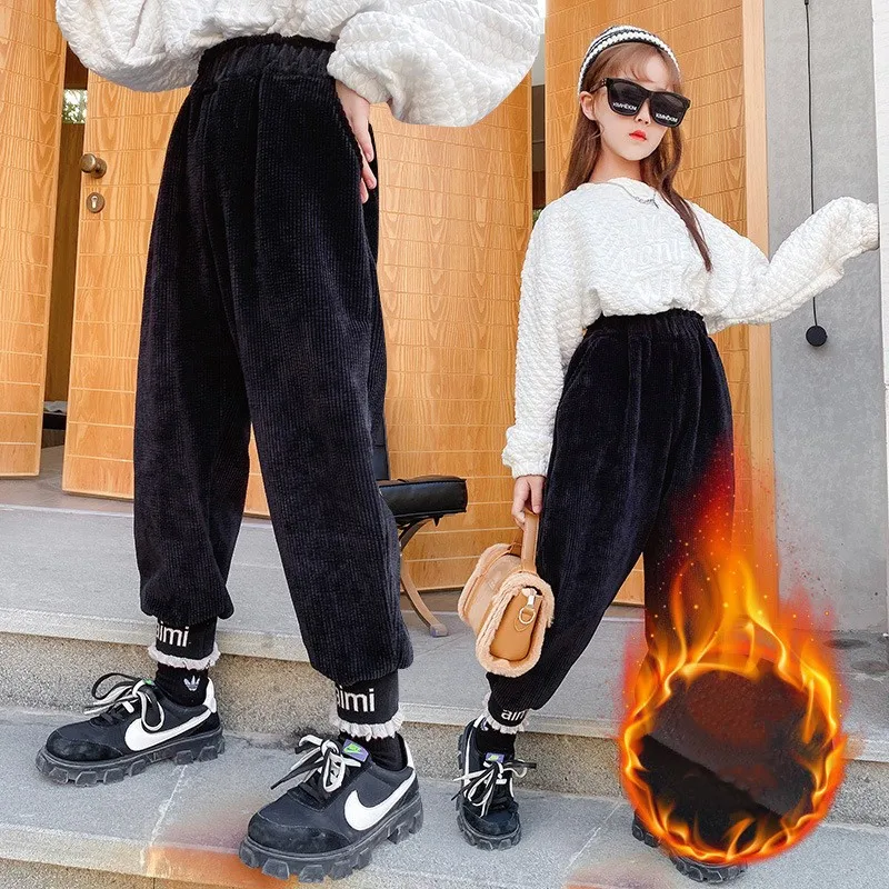 

Children's Beige Black Winter Pants Girls Plus Velvet Padded Harem Pants Girls Corduroy Warm Trousers Girls Stretch Waist Pants