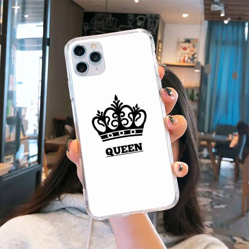 

King Queen Crown Phone Case Transparent for iPhone 6 7 8 11 12 s mini pro X XS XR MAX Plus cover funda shell