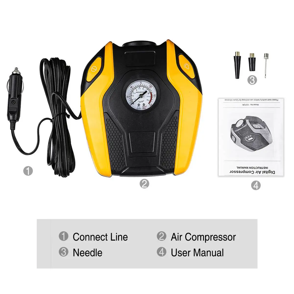 

Portable Auto Air Compressor Tire Inflator Car Tire Pump With Digital Pressure Gauge 150 PSI DC 12V Bright Emergency Flashlight