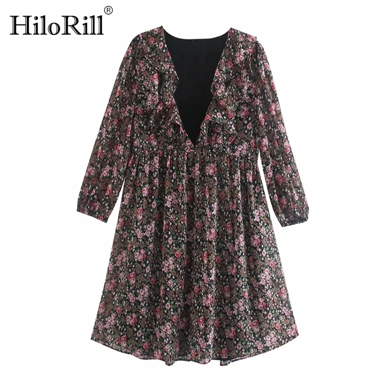 

HiloRill сексуальный глубокий v-образный вырез Цветочный принт в стиле «бохо платье со складками, шифоновое мини-платье, сарафан с длинным рукав...