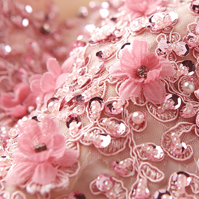 

Pink Luxury Evening Dress Beading O-Neck Appliques Lace Sequined Embroidery Pearls Ball Gown Elegant Women Formal Dresses TS220