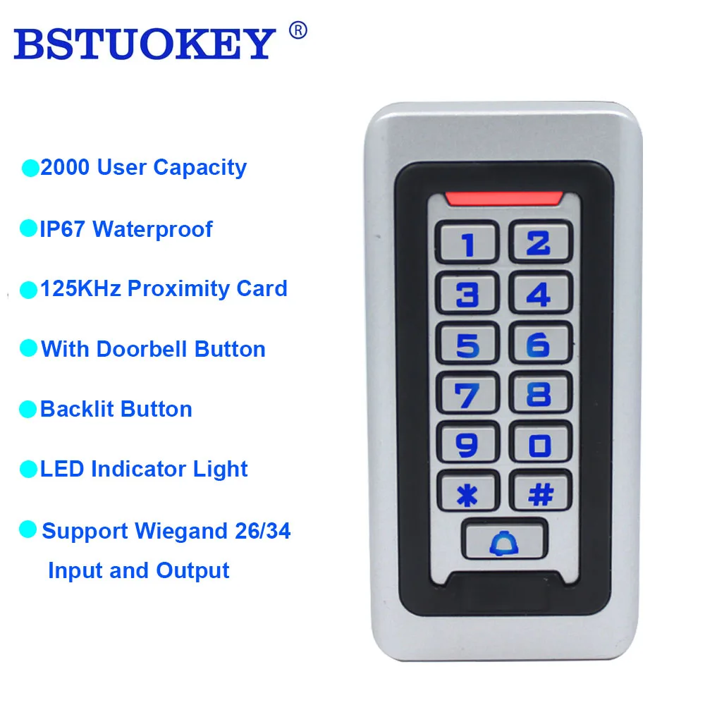 

IP67 Waterproof Backlight RFID 125KHz Door Access Control Reader Keypad 2000 Users door bell 13.56MHZ EM Card Door Opener