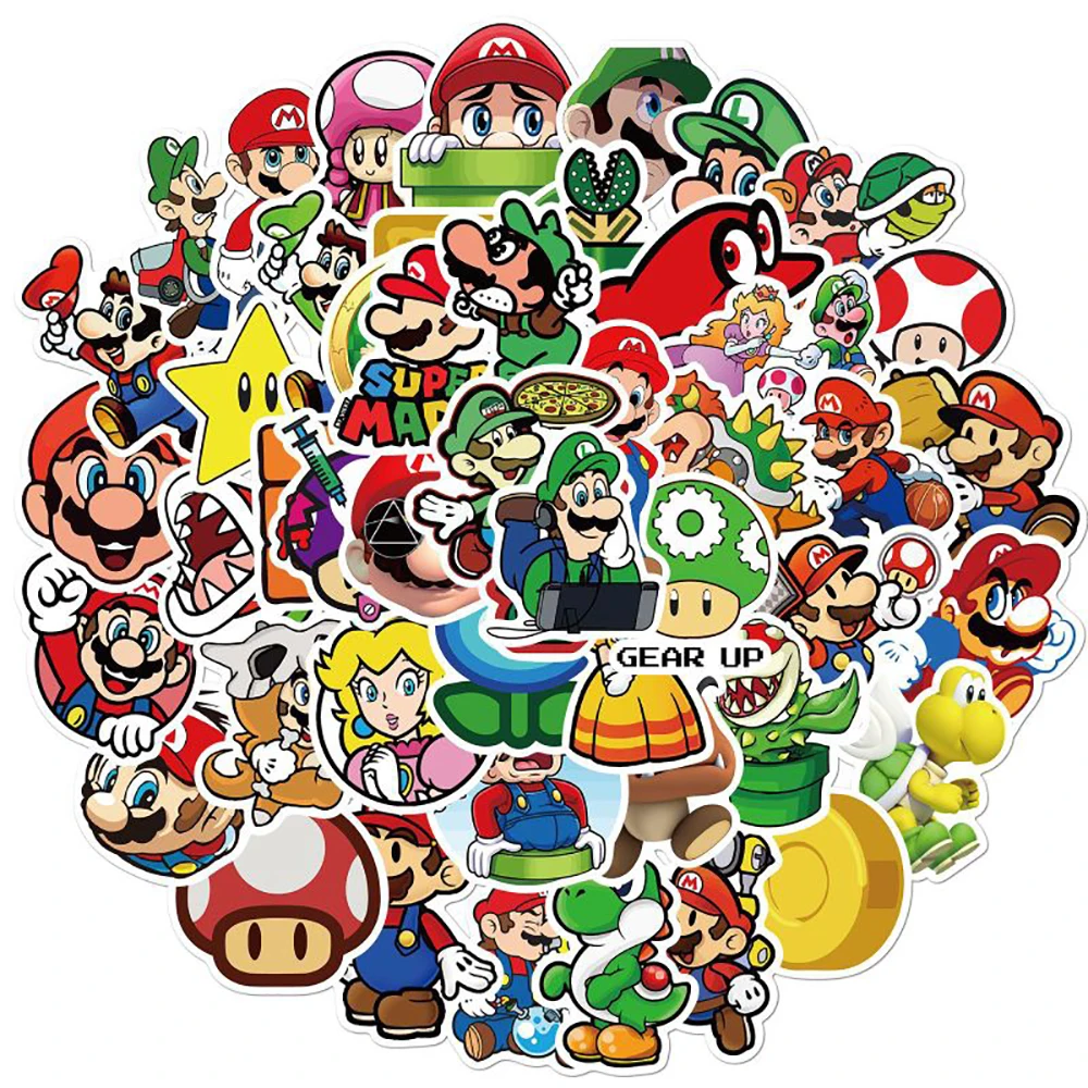 Pegatinas de Super Mario para bicicleta, adhesivos de dibujos animados cl&aacute;sicos para equipaje de viaje, tel&eacute;fono, guitarra y port&aacute;til, 50 Uds.-1