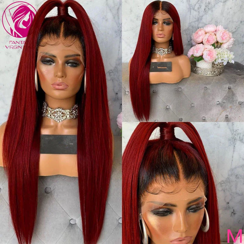 

Women Human Hair Lace Front Wig Wine Red Ombre Straight Lace Frontal Wigs 13x4/13x6 Malaysian Remy Hair Bleached Knots 150%
