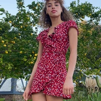 summer vintage red floral mini dress ruffle deep v neck retro pastoral style short sweet dresses fashion a line pleated dress