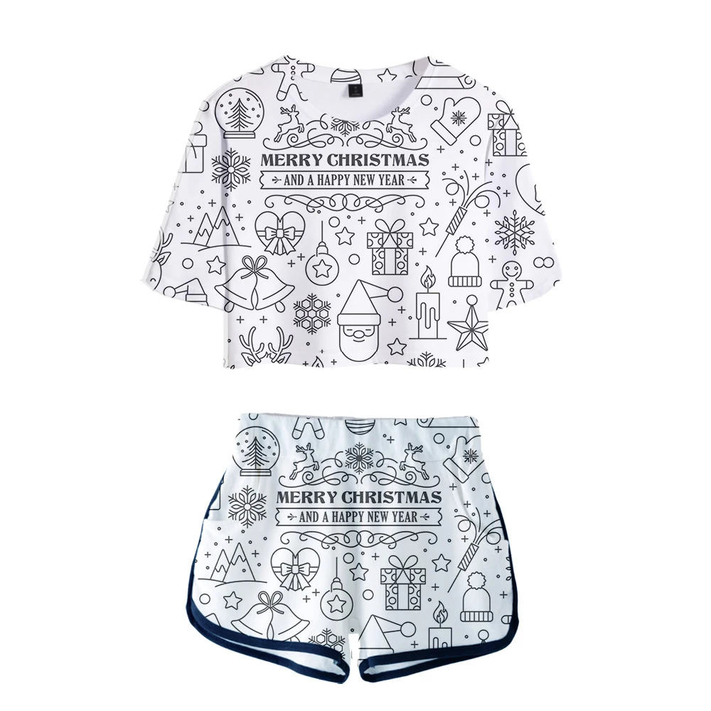 

Fashion Kawaii Merry Christmas 3D Print Dew navel Sport Girl suits Two Piece Set Short Sleeve Women Sexy Shorts+lovely T-shirts