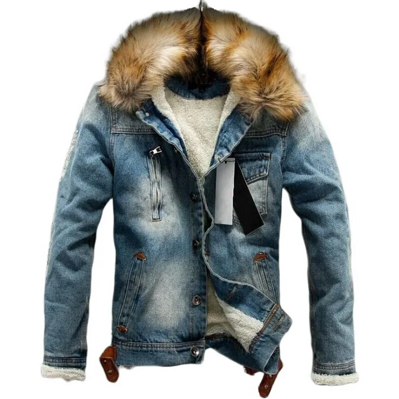 Men Winter Warm Jacket Denim Coat Hooded Warm Denim Parkas Male Overcoat Washed Hooded Fur Collar Winter Warm Jean Outwear