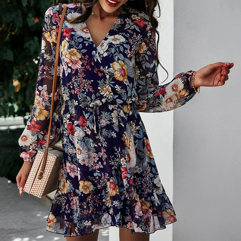 

Bohemian Fashion 2021 Summer New Women Long Sleeve A-Line V-Neck Spring White Mini Dress Floral Printed Sashes Clothes G2421