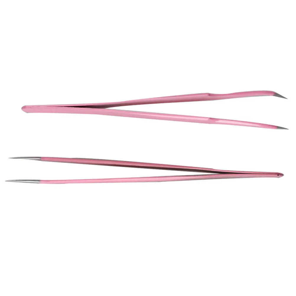 2PCS Pink Straight &amp Curved Nail Art Nippers Tweezer For Eyelash Extensions |