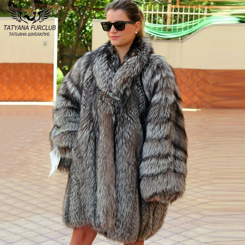 

Fashion Long Silver Fox Fur Coat Turn-down Collar Natural Whole Skin Genuine Fox Fur Coat 2021 Trendy Woman Fur Overcoats Luxury