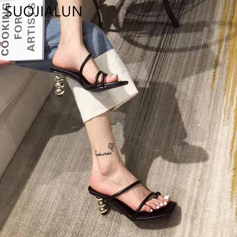 Шлепанцы SUOJIALUN женские с круглым каблуком модные сандалии узкими ремешками