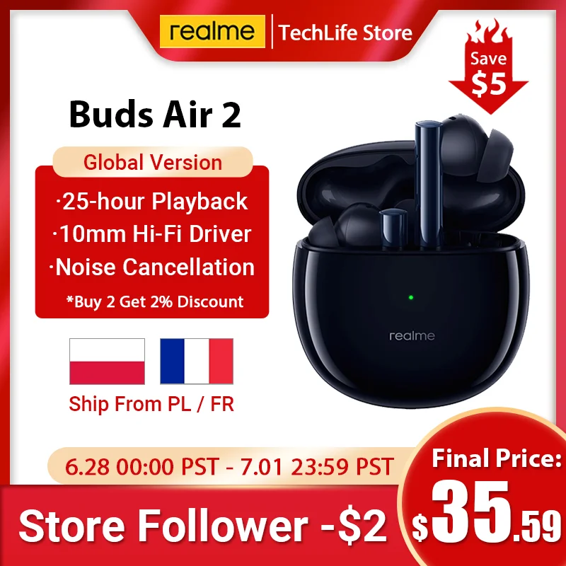 Беспроводные наушники realme Buds Air 2 ANC супернизкая задержка 88 мс 10 мм Hi Fi усиление