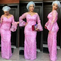 aso ebi sytle pink handmade florals sheath long sleeves sweetheart floor length formal special pageant event women gowns