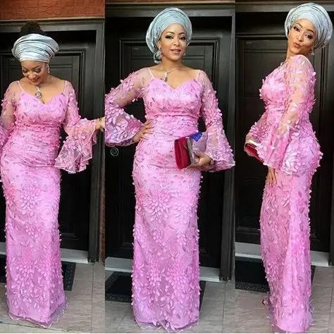 Aso Ebi Sytle розовый ручной работы цветочные оболочка с длинными рукавами милая длина