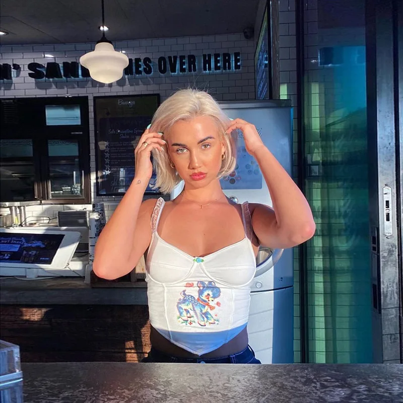 

Cat Graphic Front Lace Spaghetti Strap Crop Tops Vintage Patchwork Backless Party Tops Cute Kawaii Y2K Outfits