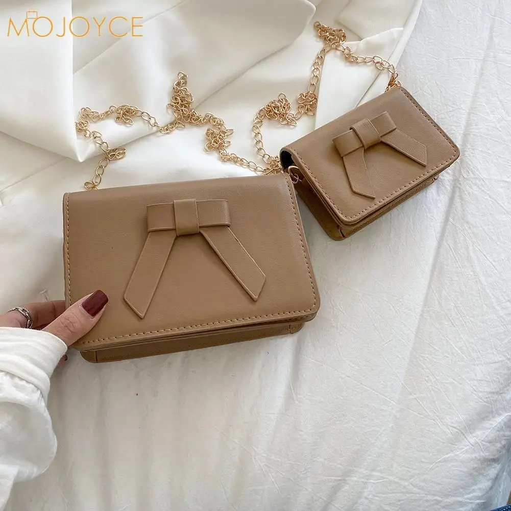 

Retro Ladies Bowknot PU Mini Purse Women Pure Color Chain Shoulder Messenger Bag Street Shoulder Crossbody Pouch