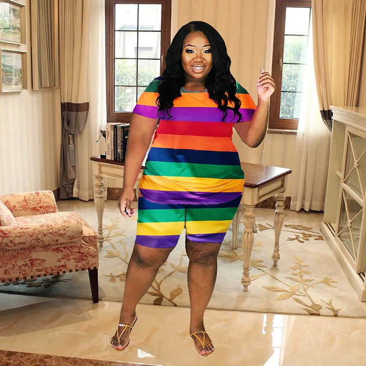 

Plus Size Women Clothing Loungewear Loose Rainbow Two Piece Set Shirt and Shorts Sets Casual Pajama Home Wear Wholesale Items