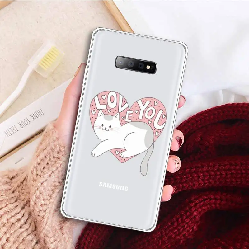 

Creative white Cute cartoon cat Phone Case Clear Transparent for samsung A 21s 50 71 S 8 9 20 note 10 20 plus ultra