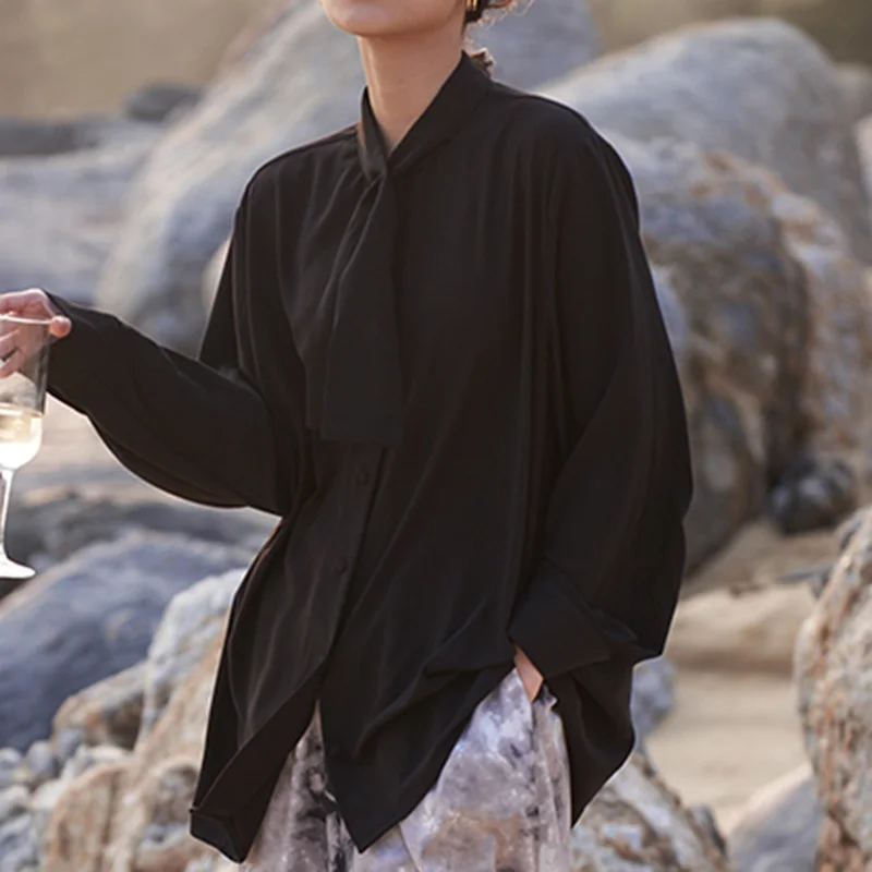 

[EAM] Women Black Big Size Casual Chiffon Blouse New Bow Neck Long Sleeve Loose Shirt Fashion Tide Spring Summer 2021 1DD8033