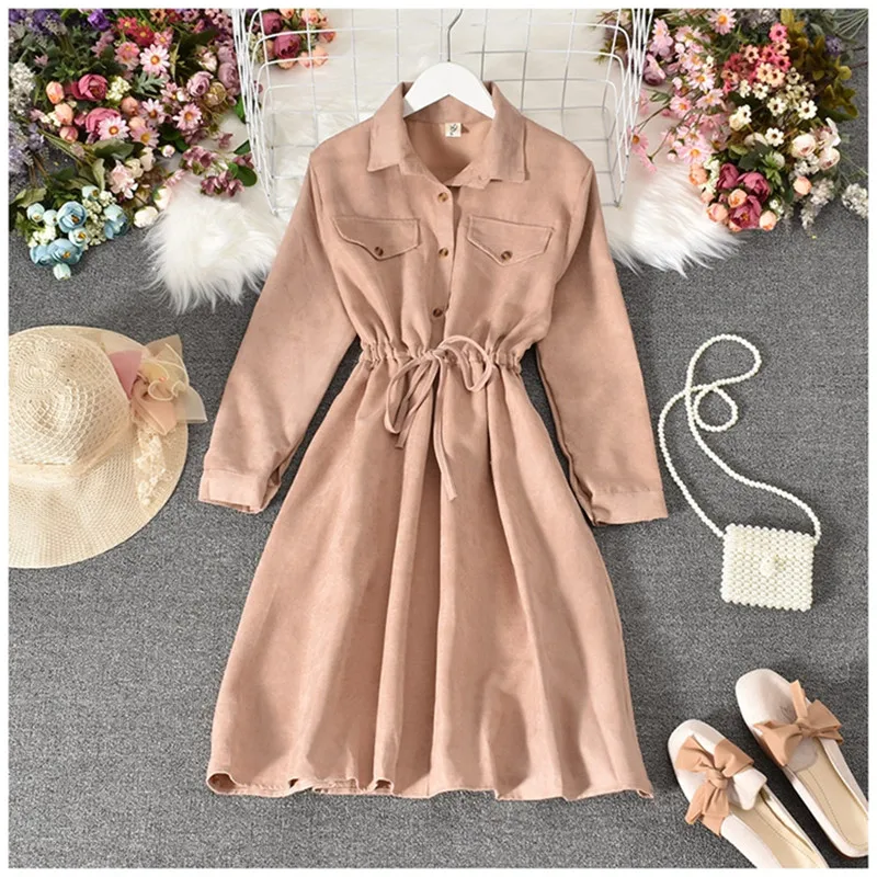 Женское вельветовечерние платье с длинным рукавом и поясом повседневное