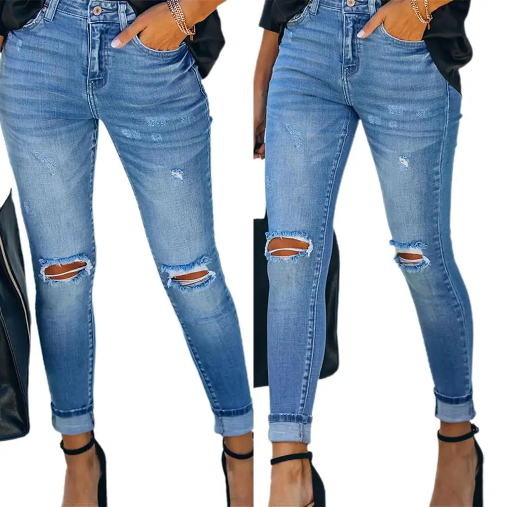

Female High Waisted Stretch Skinny Jeans Fashion Denim Ripped Pencil Pants