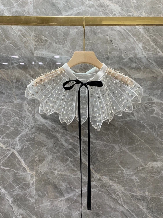 

2021 spring new women's heavy industry beaded lace up collar detachable decoration long sleeve versatile top 306