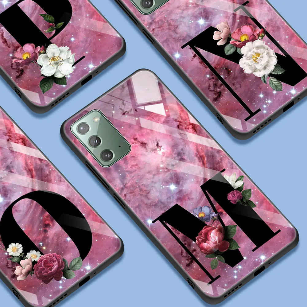 

Samsung Galaxy Case for Note 20 Ultra 10Plus 10 Lite 9 8 M21 M31 M51 M30s Tempered Glass Phone Cover Bag Luxury Letters Flowers