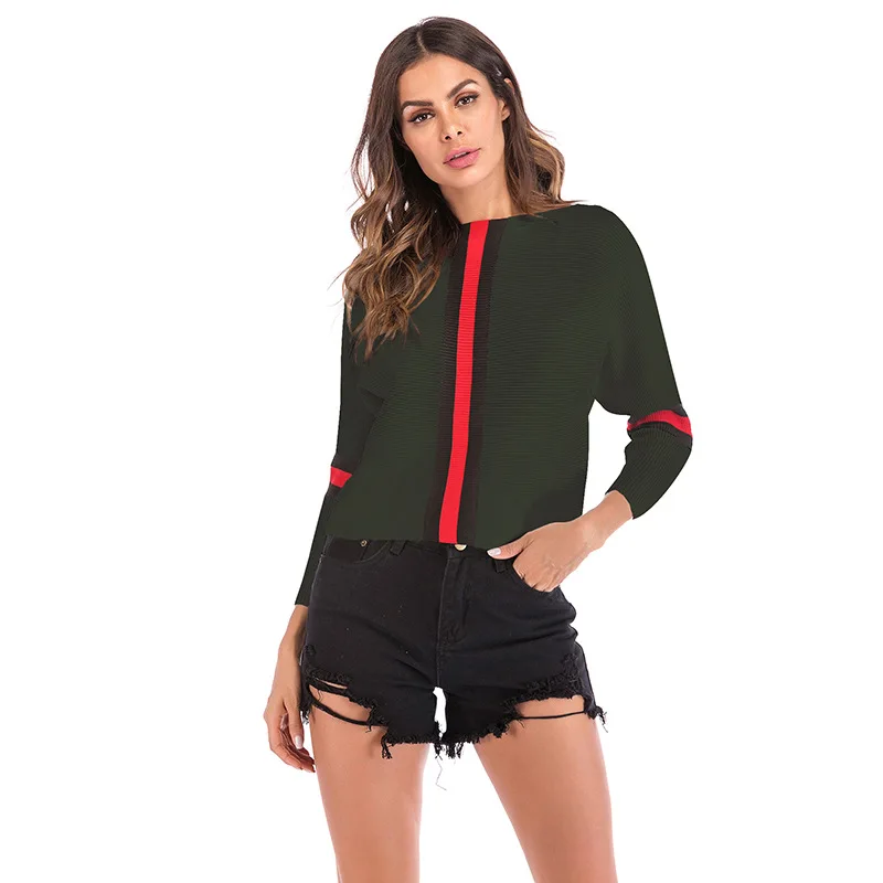 Autunm Pullovers Sweater Women Casual O-Neck Striped Knitted Loose Long Batwing Sleeve Black Printed Tops Ladies | Женская одежда