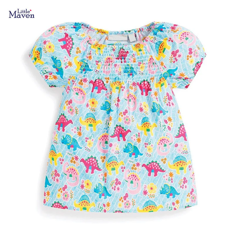 

Little Maven New Summer Kids Colorful Dinosaurs Printed O-neck Girls 2-7yrs Lantern Sleeve Cotton Knitted Smock T-shirts Tops