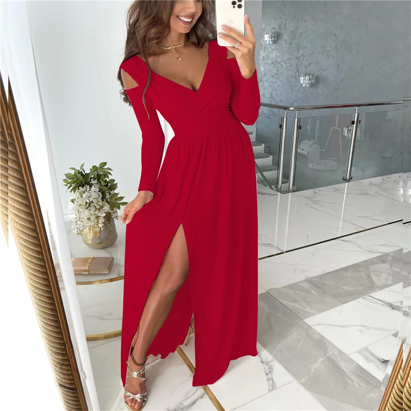 

Chic Long Sleeve Dress Women Split Maxi Dresses Swing V Neck Prom Party Evening Dresses Elegant Fashion Formal Vestidos Mujer